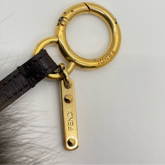 Fendi Brown Fur Pom Pom Bag Charm on leather strap with gold hardware - Picture 3 of 10